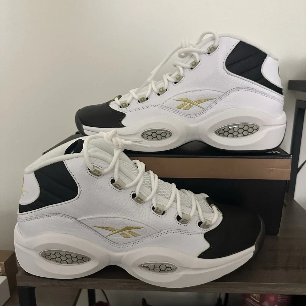 Reebok Question Mid White Black Gold Sz 12 Iverson Saints Colorado MU Tiger